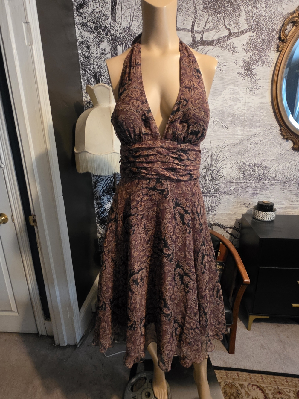 Mixit 100% Silk Halter Dress Size 6 Brown Black Patterned Plunging V-Neck